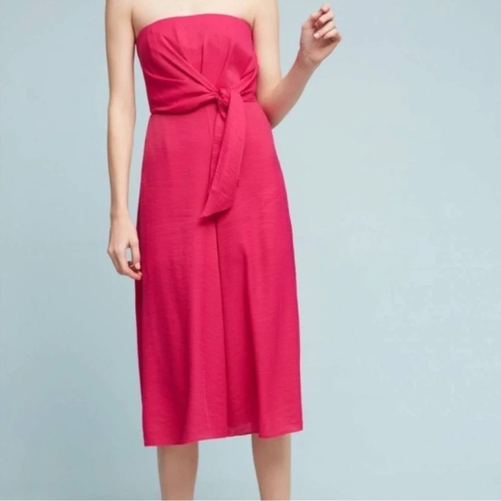 Anthropologie Galatea Strapless Tie Front Wide Leg Jumpsuit Fuchsia Pink Culotte - Picture 5 of 16